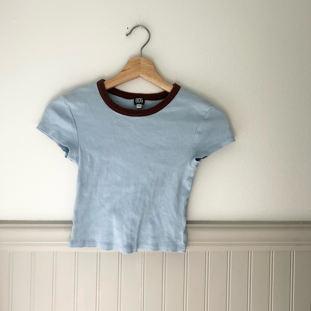 BDG Urban Outfitters Small Light Blue Crop Top with Brown Trim 100% Cotton - Picture 2 of 5